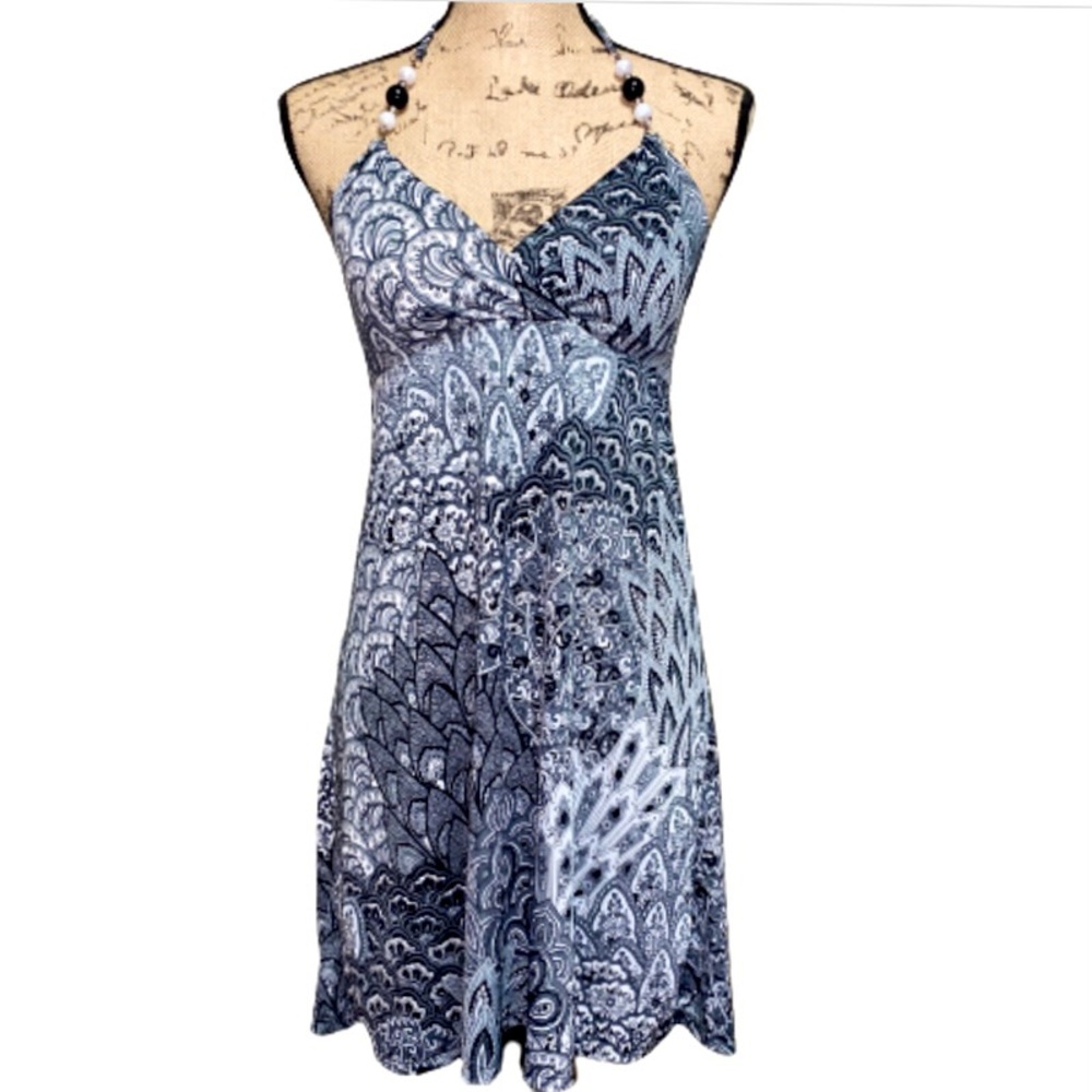 CristinaLove Women’s 6 Blue Paisley Vintage Beach Beaded Halter MIDI Dress